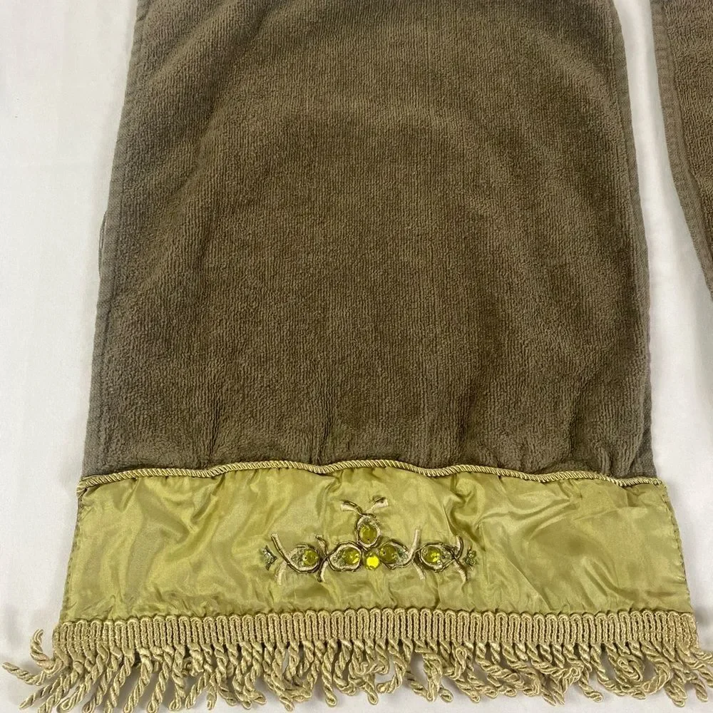Embellished Brown & Olive Decorative Hand Towels - Luxury Accent Pair Jeweled